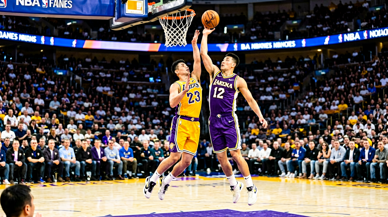 NBA常规赛激烈对抗——球员突破上篮瞬间